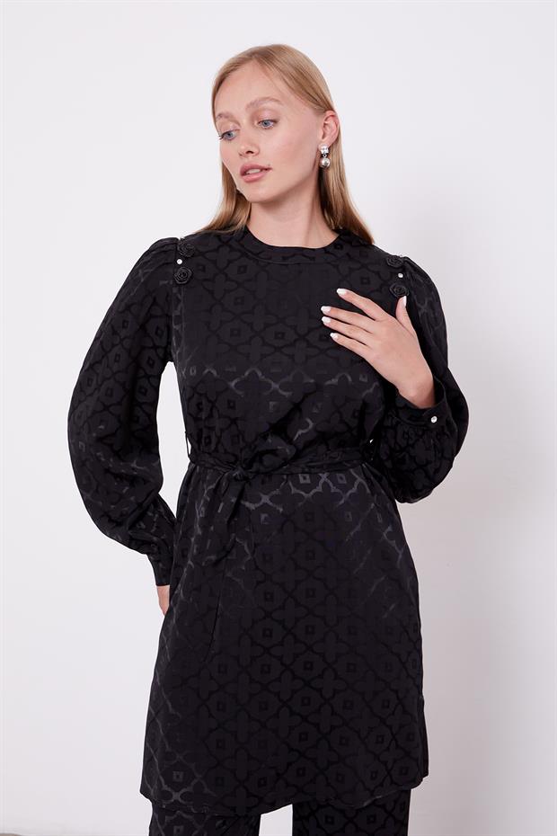 Siyah Yonca Desenli Jakar İkili Takım