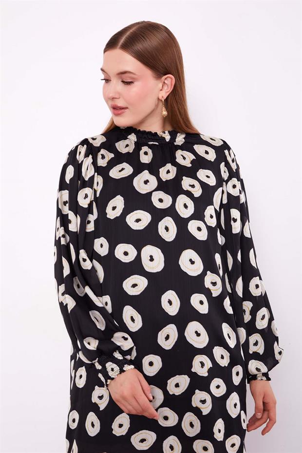 Siyah Yuvarlak Desenli Tunik