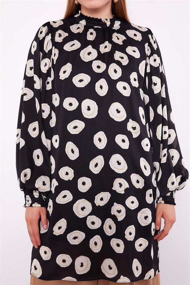 Siyah Yuvarlak Desenli Tunik
