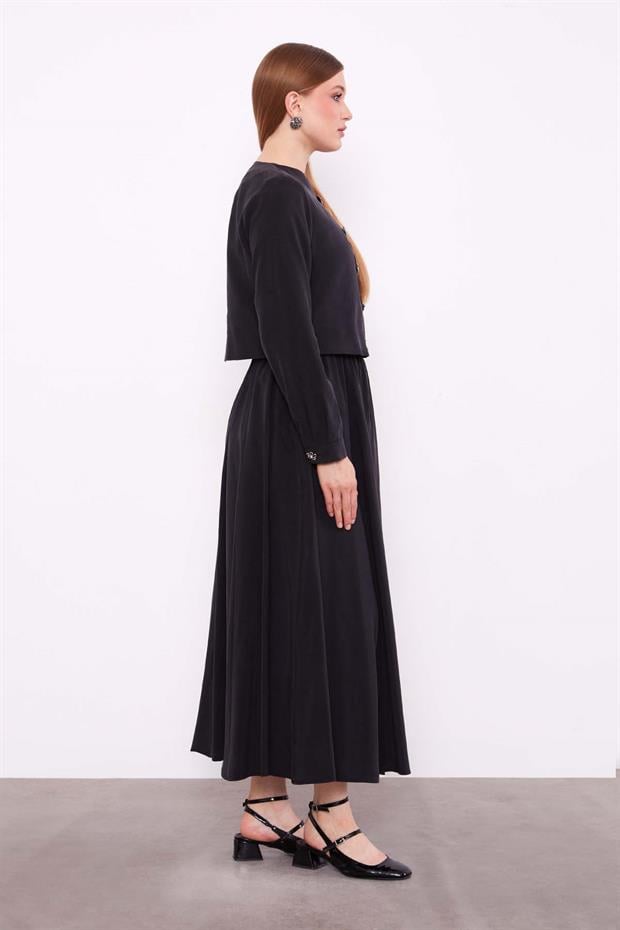 Siyah Zikzak Kapama Detaylı Etek Takım