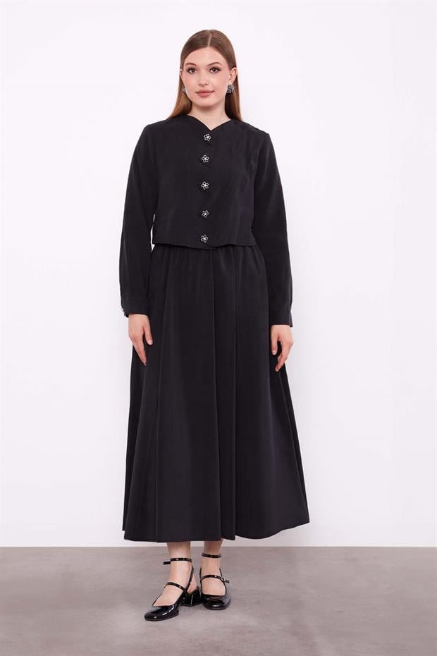 Siyah Zikzak Kapama Detaylı Etek Takım