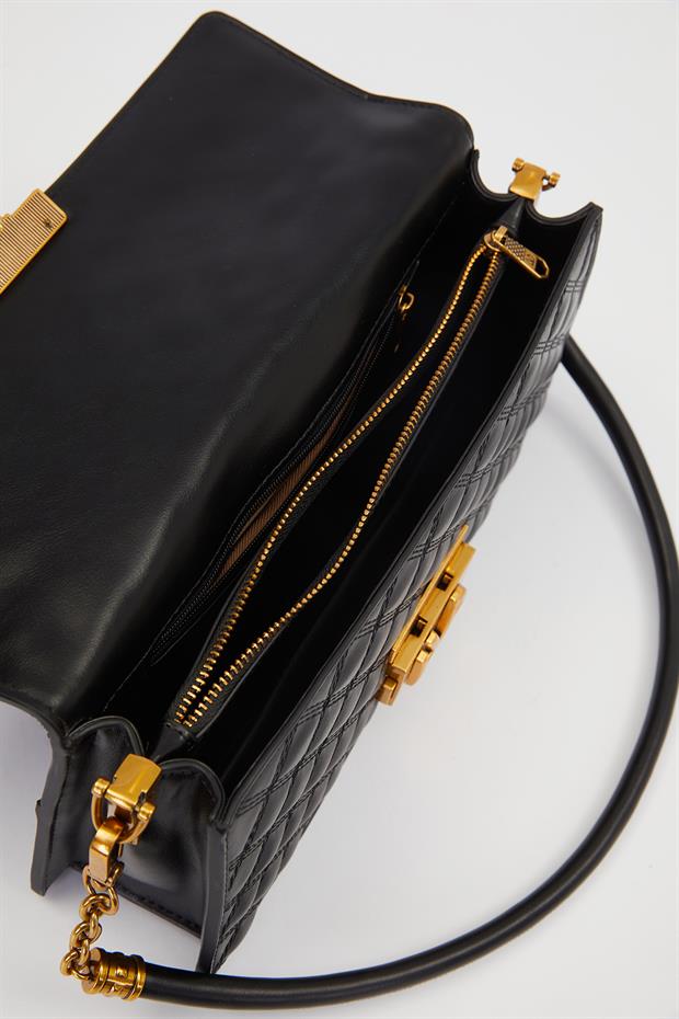 Siyah Zincir Kemer Desen Omuz Çantası