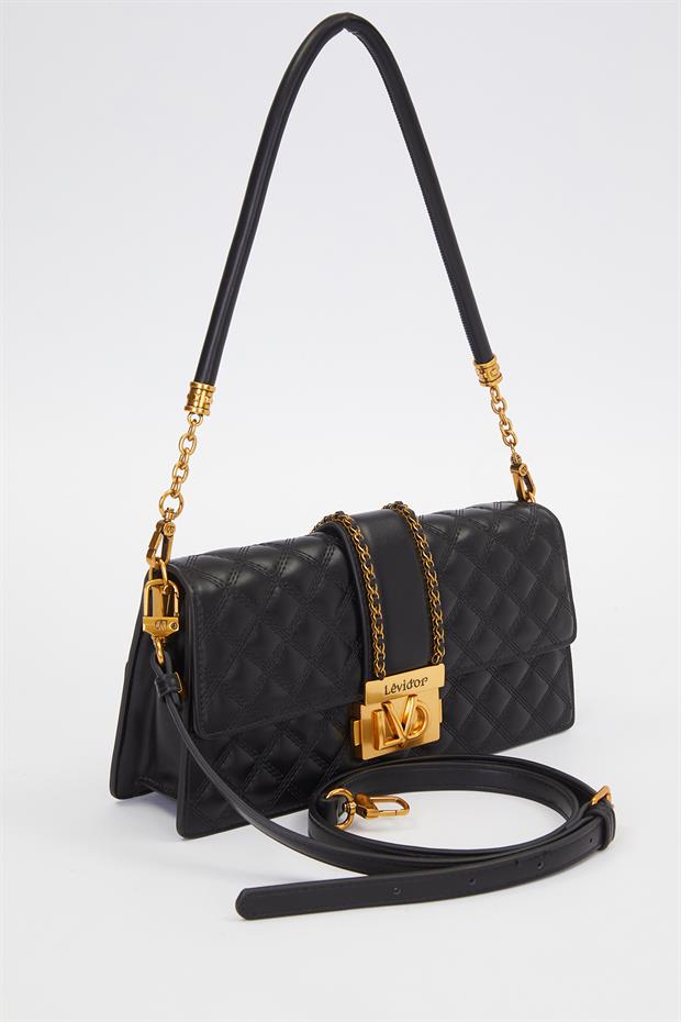 Siyah Zincir Kemer Desen Omuz Çantası