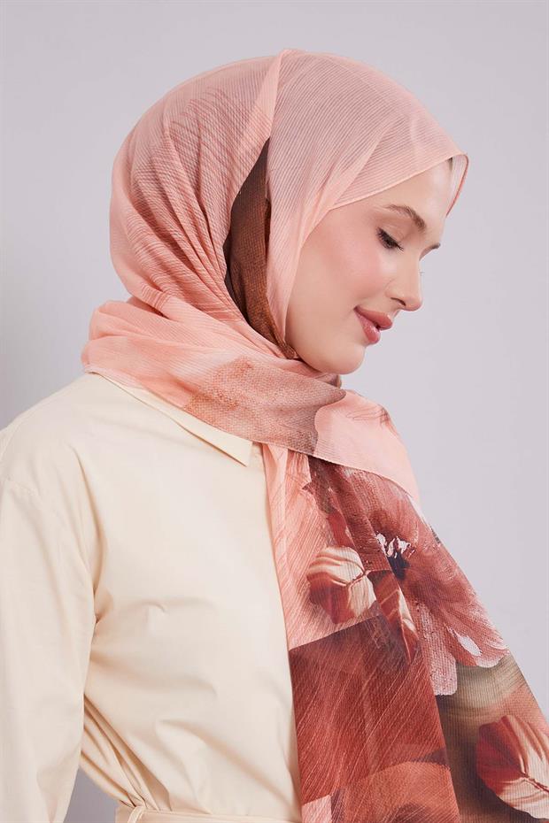 Somon Çiçekli Çizgili  Pamuk Şal