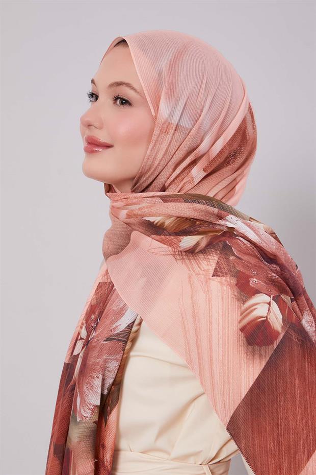 Somon Çiçekli Çizgili  Pamuk Şal