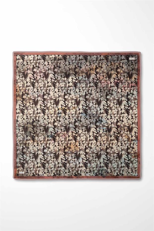 Somon Çiçekli Soyut Desen Twill İpek Eşarp