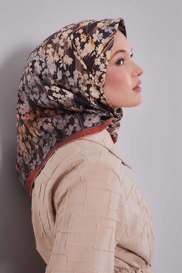 Somon Çiçekli Soyut Desen Twill İpek Eşarp