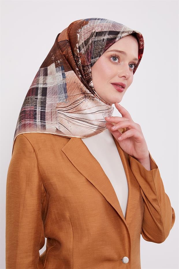 Somon İnce Çizgi Desen Twill İpek Eşarp