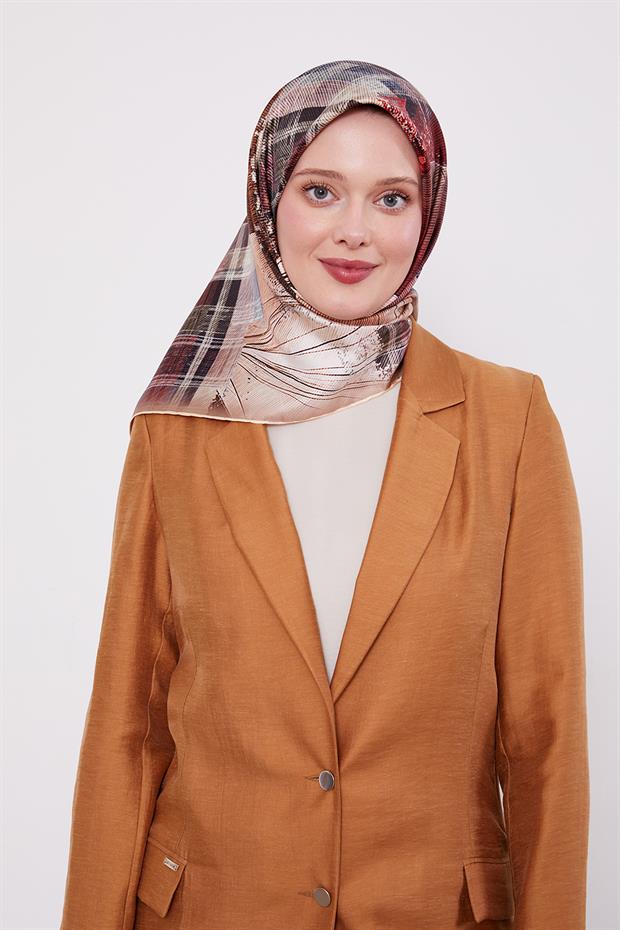 Somon İnce Çizgi Desen Twill İpek Eşarp