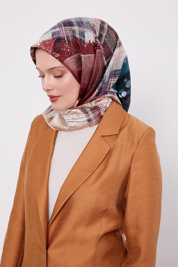 Somon İnce Çizgi Desen Twill İpek Eşarp