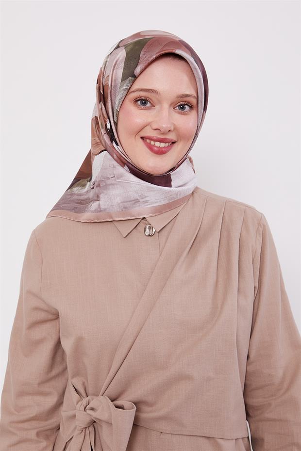 Somon Menekşe Desen Twill İpek Eşarp