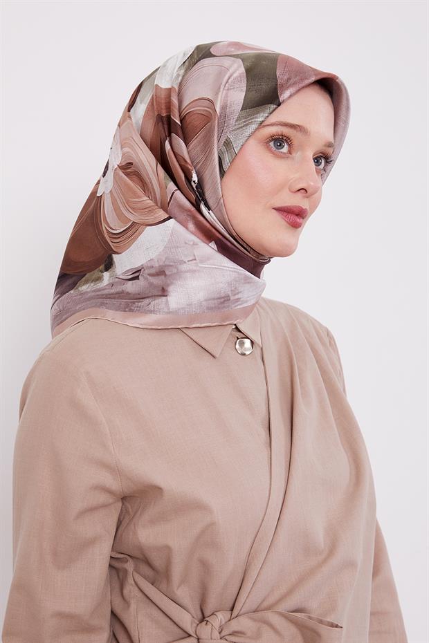 Somon Menekşe Desen Twill İpek Eşarp