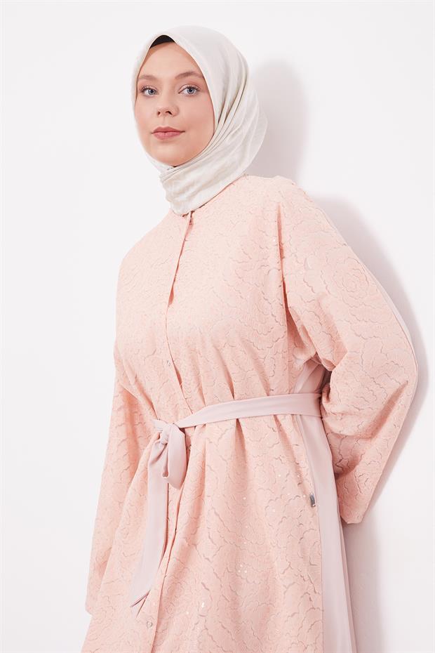 Somon Payet İşlemeli Kuşaklı Ferace