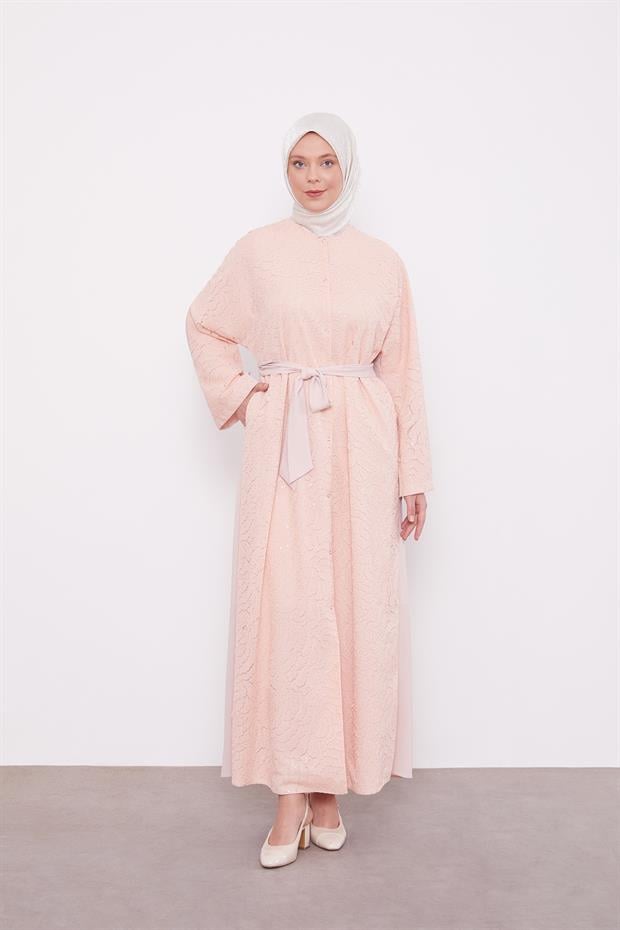 Somon Payet İşlemeli Kuşaklı Ferace