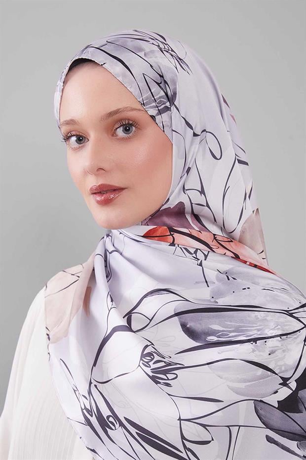 Somon Soyut Çiçek Desen Twill Şal