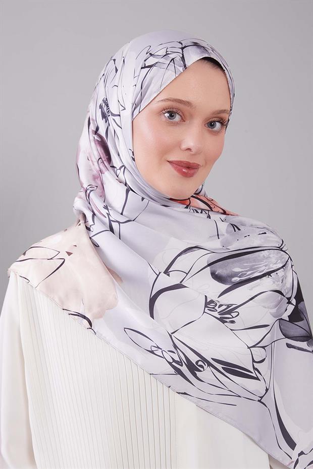 Somon Soyut Çiçek Desen Twill Şal