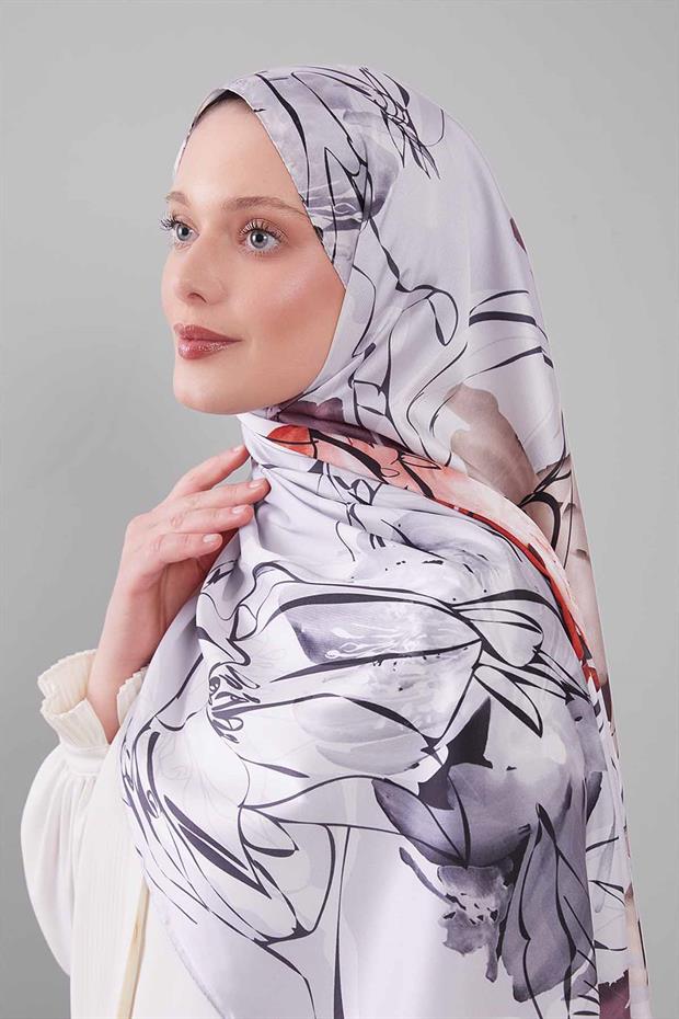 Somon Soyut Çiçek Desen Twill Şal