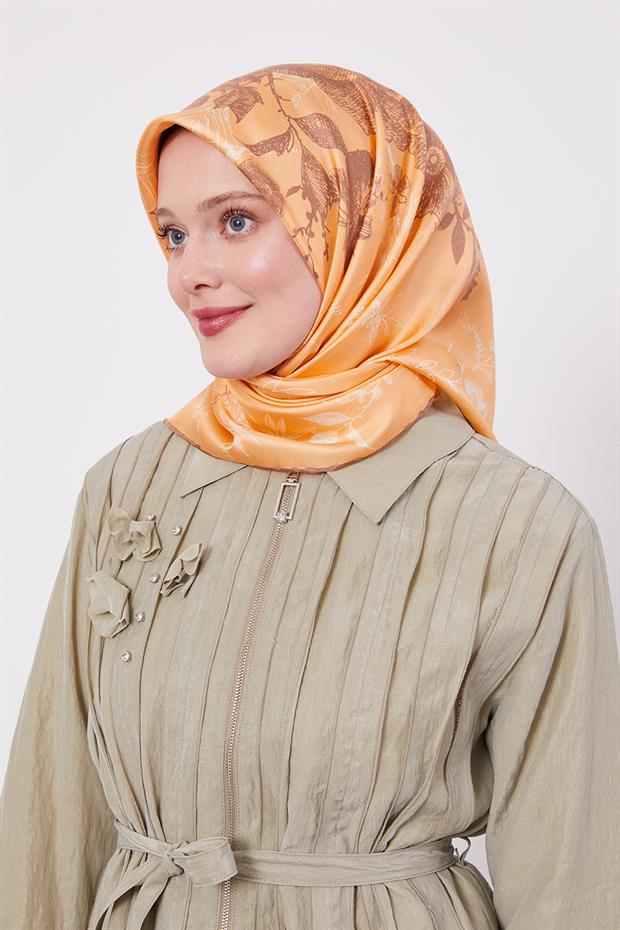 Somon Soyut Gül Desen Twill İpek Eşarp