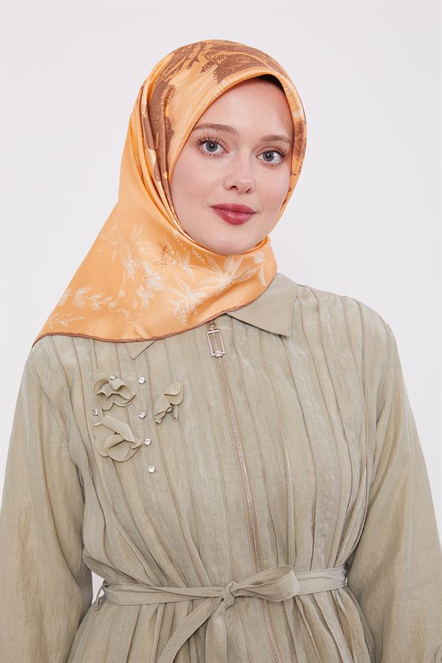 Somon Soyut Gül Desen Twill İpek Eşarp