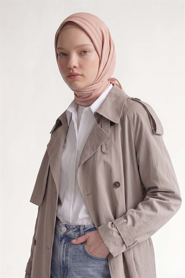 Somon Üç Çizgi Detaylı Twill İpek Eşarp