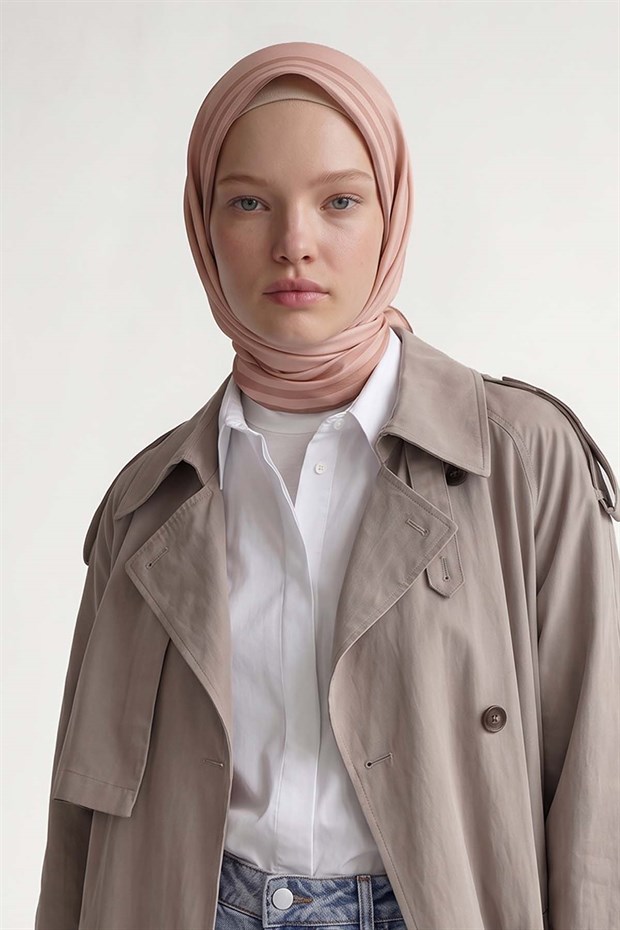 Somon Üç Çizgi Detaylı Twill İpek Eşarp