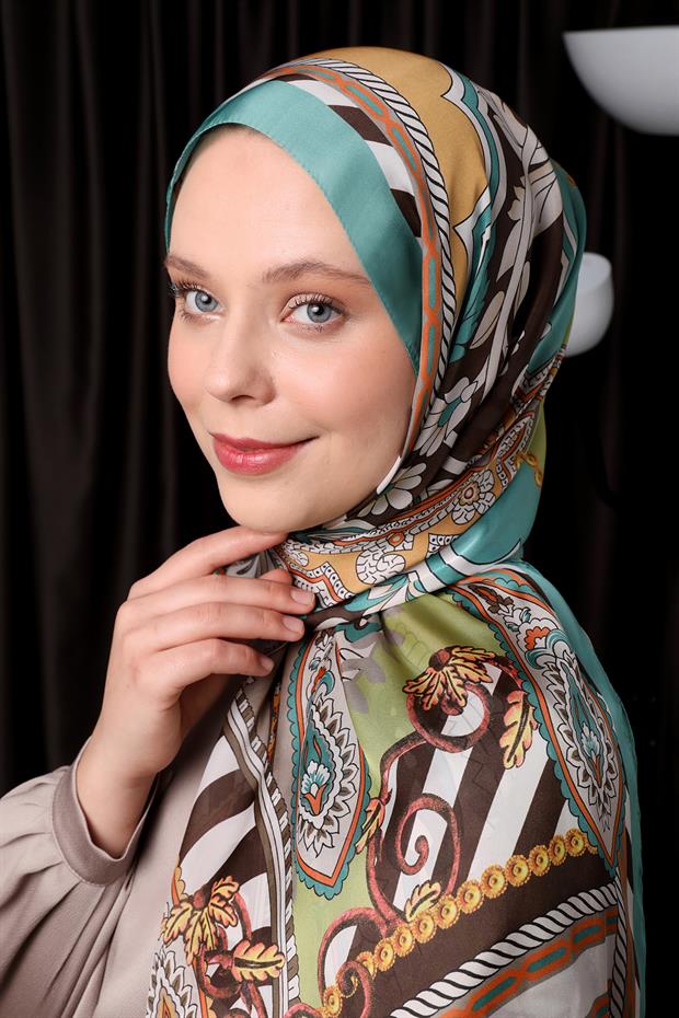 Su Yeşili Çizgili Hint İpeği Şal