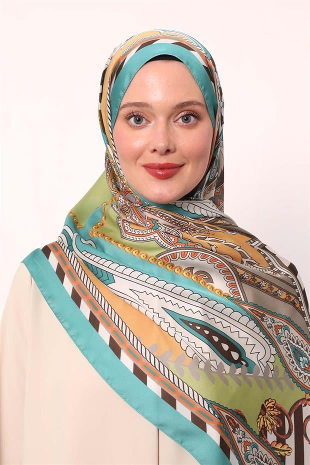 Su Yeşili Çizgili Hint İpeği Şal