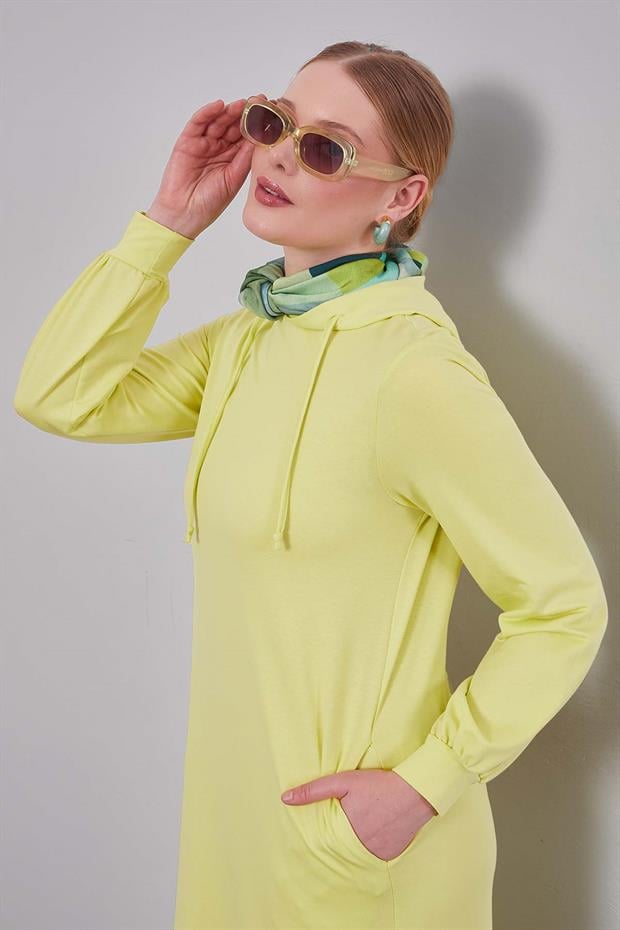 Su Yeşili Kapuşonlu Gizli Cep Detaylı Elbise