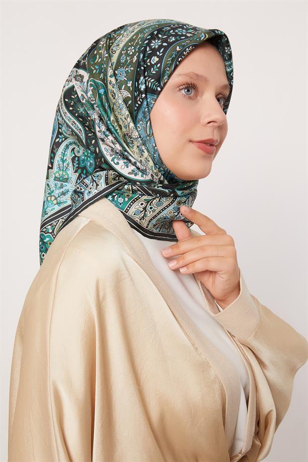 Su Yeşili Karışık Hint Desen Twill İpek Eşarp