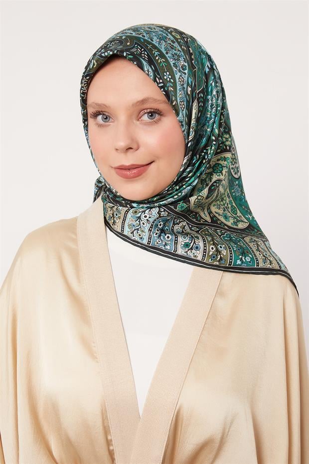 Su Yeşili Karışık Hint Desen Twill İpek Eşarp