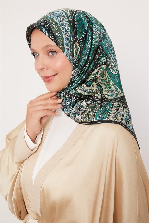 Su Yeşili Karışık Hint Desen Twill İpek Eşarp