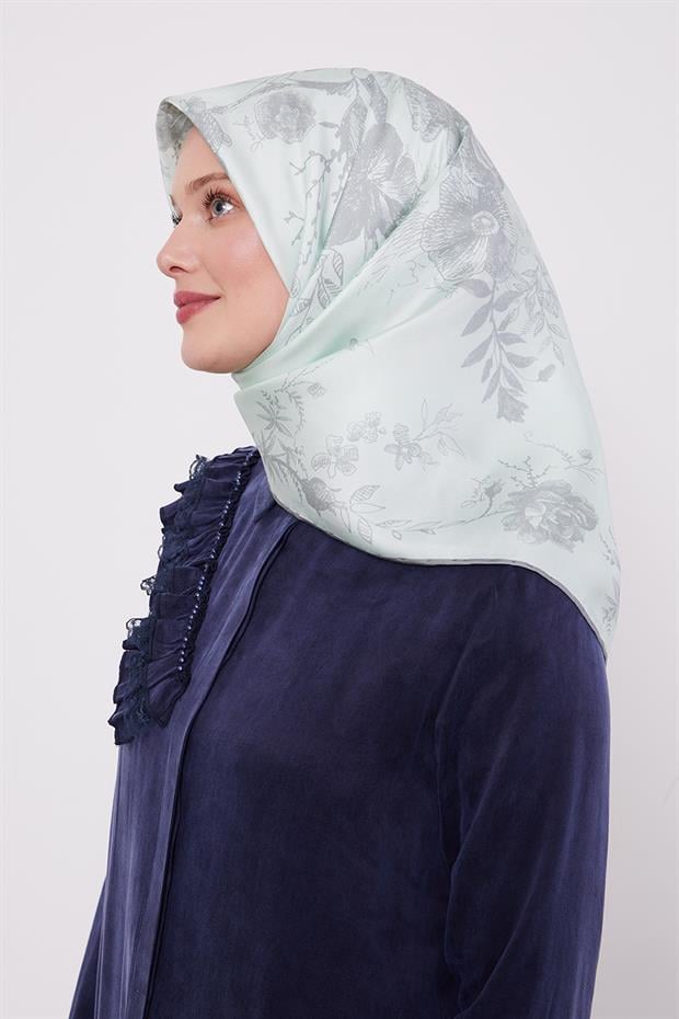 Su Yeşili Soyut Gül Desen Twill İpek Eşarp