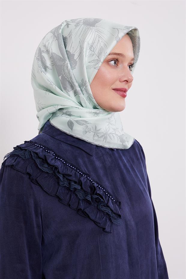 Su Yeşili Soyut Gül Desen Twill İpek Eşarp