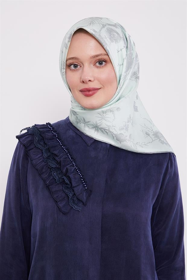 Su Yeşili Soyut Gül Desen Twill İpek Eşarp