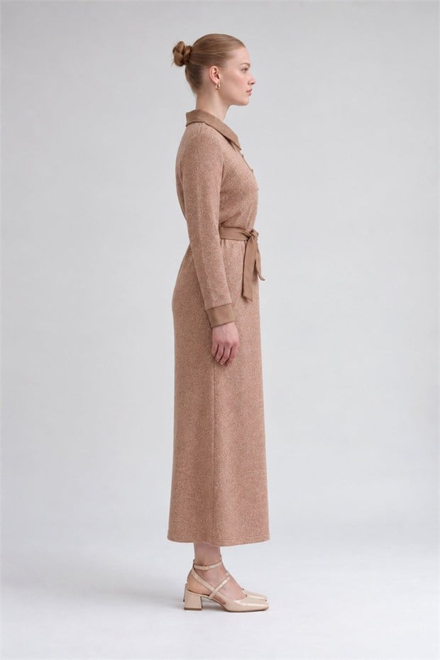 Süet Garnili Kaşmir Elbise Camel