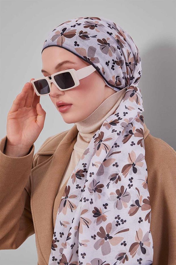 Sütlü Kahve Çiçek Desen Soft Eşarp