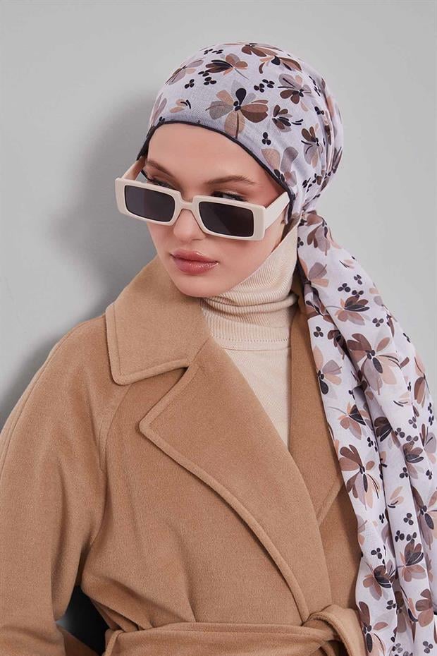 Sütlü Kahve Çiçek Desen Soft Eşarp