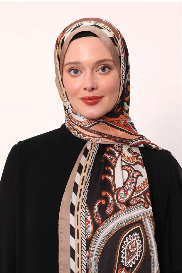 Sütlü Kahve Çizgili Hint İpeği Şal