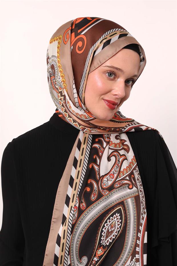 Sütlü Kahve Çizgili Hint İpeği Şal