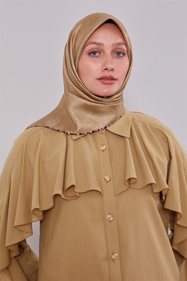 Sütlü Kahve Çizgili Twill İpek Eşarp