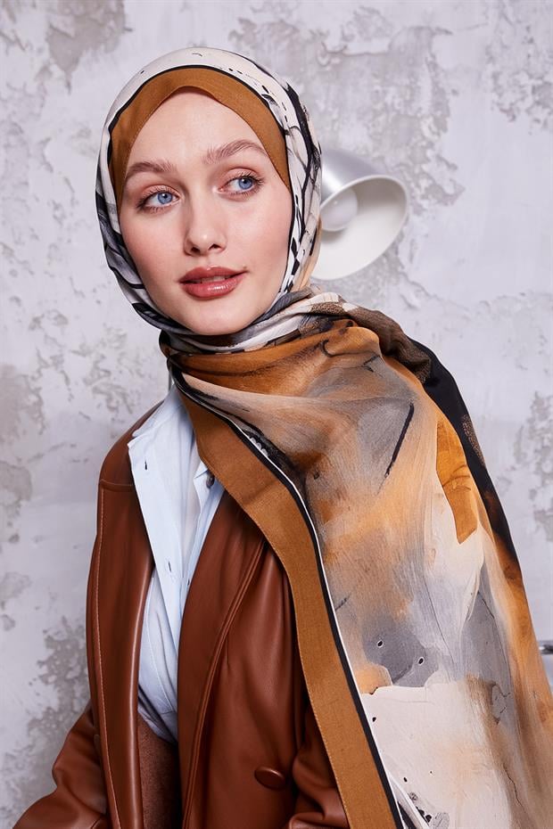 Sütlü Kahve Ebruli Desen Royal Şal