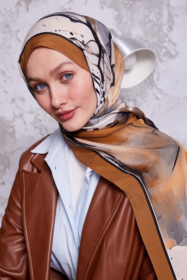 Sütlü Kahve Ebruli Desen Royal Şal