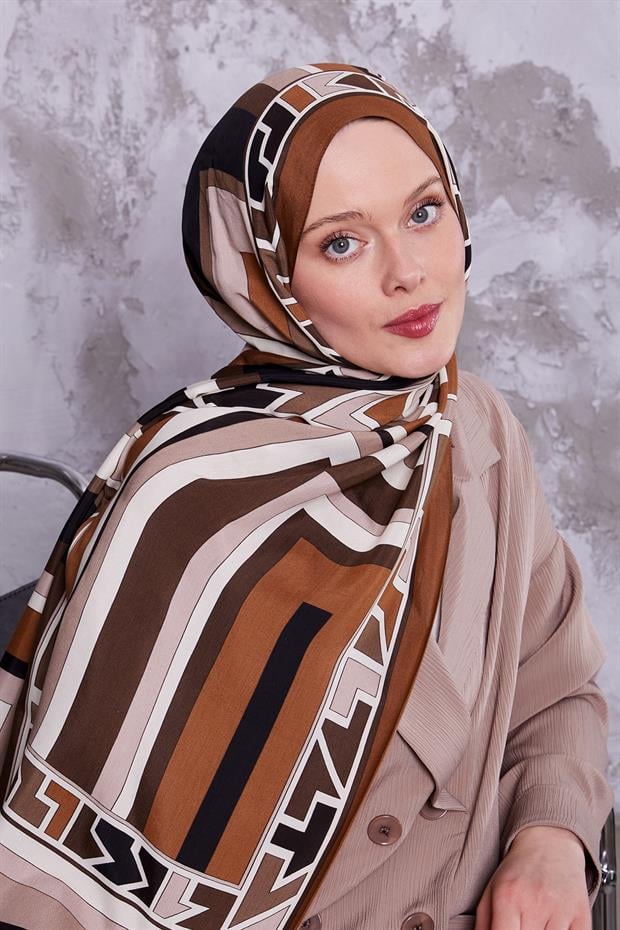Sütlü Kahve Geometrik Desen Royal Şal