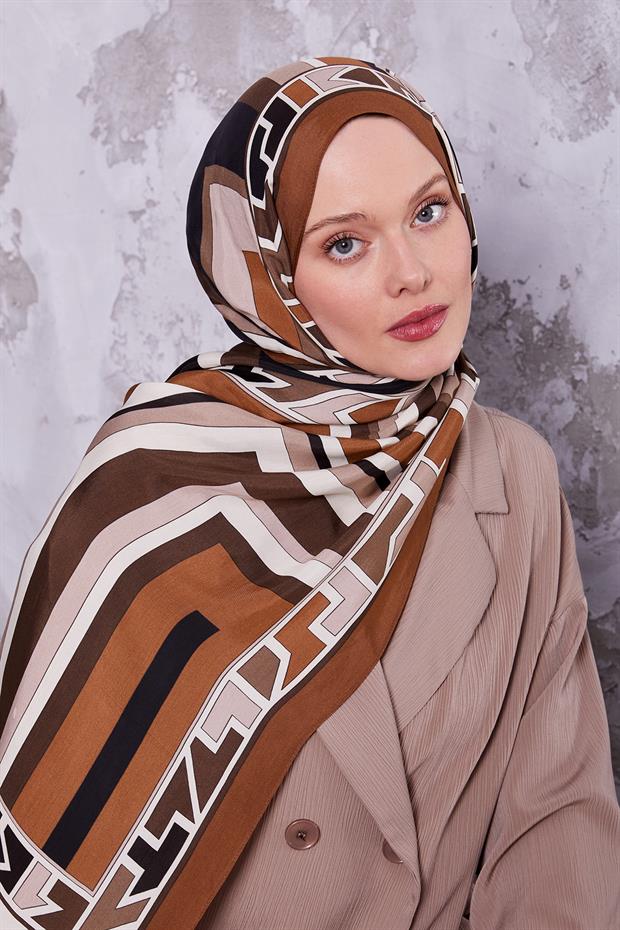 Sütlü Kahve Geometrik Desen Royal Şal