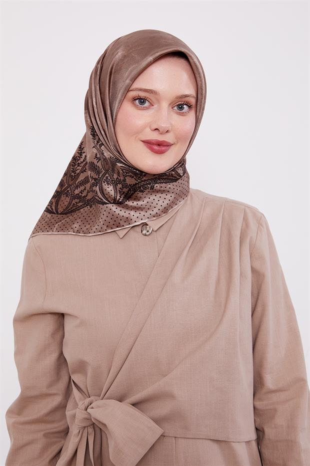 Sütlü Kahve Kenar Benekli Twill İpek Eşarp