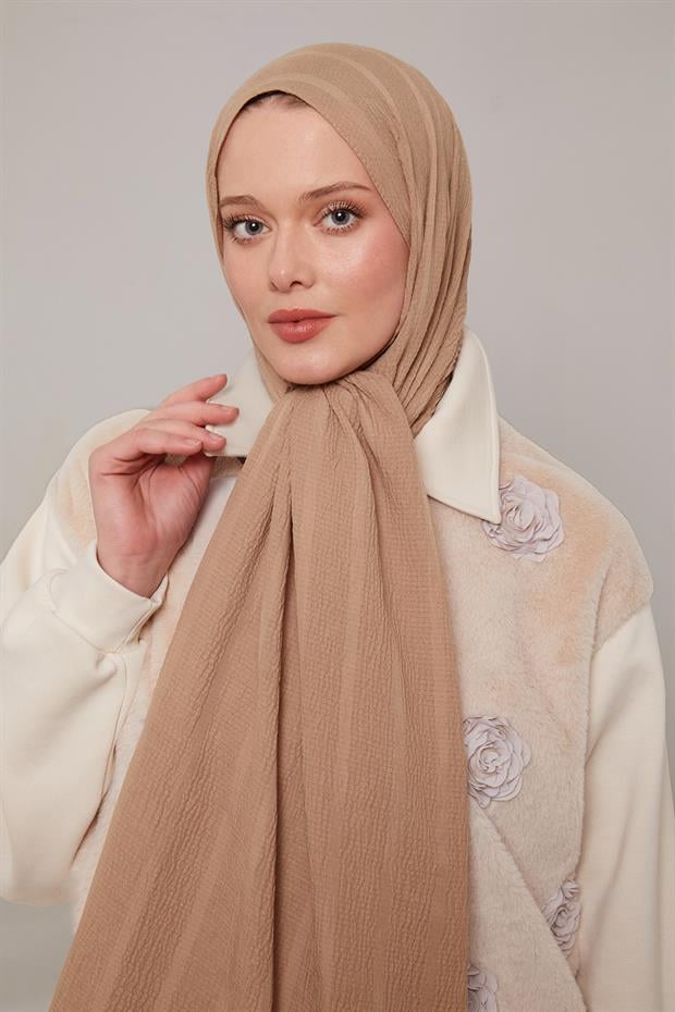 Sütlü Kahve Kendinden Dokulu Natural Line Şal