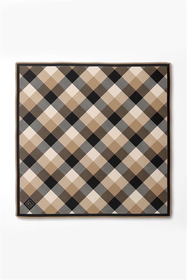 Sütlü Kahve Noktalı Kareli Twill İpek Eşarp