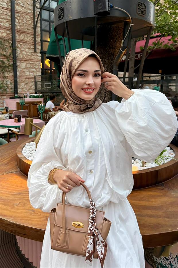 Sütlü Kahve Petek Desen Twill İpek Eşarp