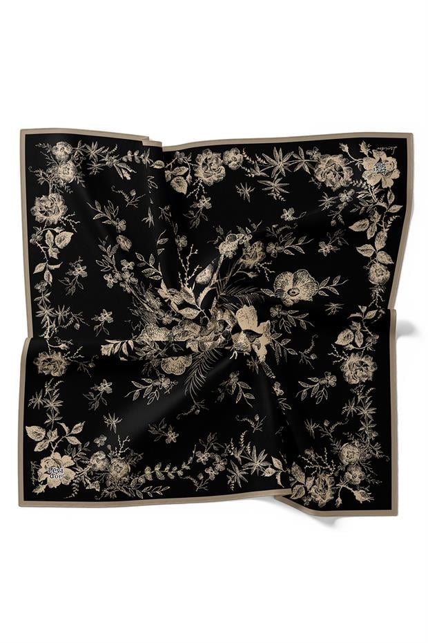 Sütlü Kahve Soyut Gül Desen Twill İpek Eşarp