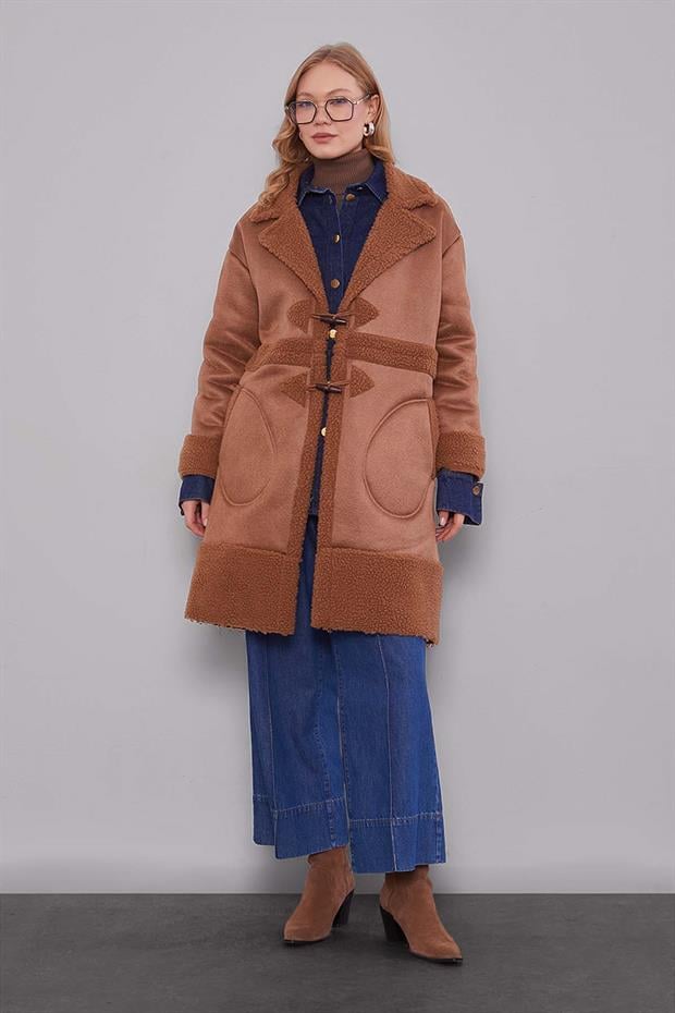 Taba Düğme Kapamalı Yün Astarlı Suni Deri Kaban